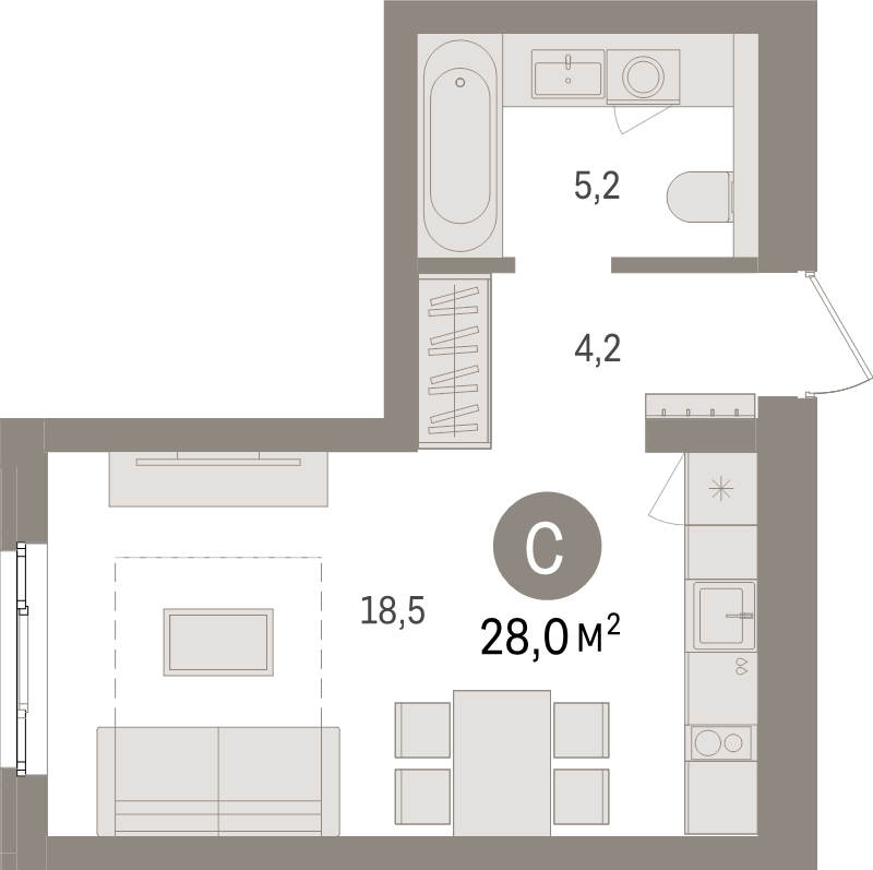 Квартира-студия, 28 м² в ЖК "Брусника в Новоселье" - планировка, фото №1
