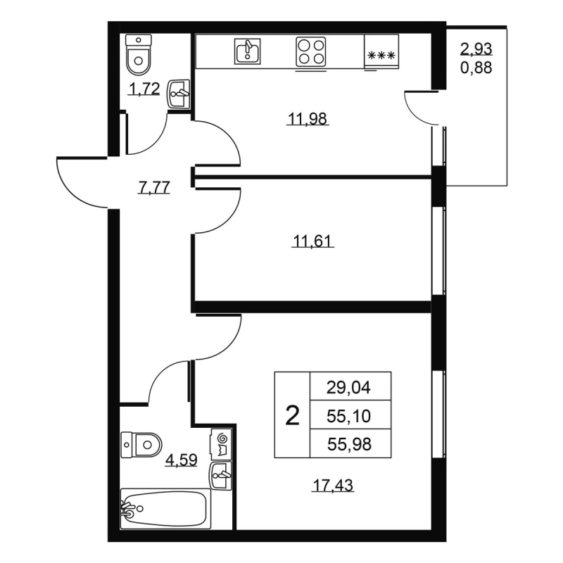 2-комнатная квартира, 55.98 м² в ЖК "Пулковское, 34" - планировка, фото №1