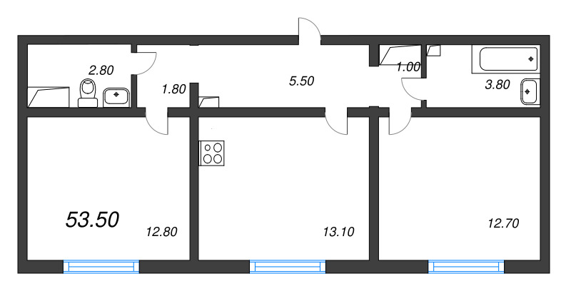 2-комнатная квартира, 53.5 м² в ЖК "Цветной город" - планировка, фото №1