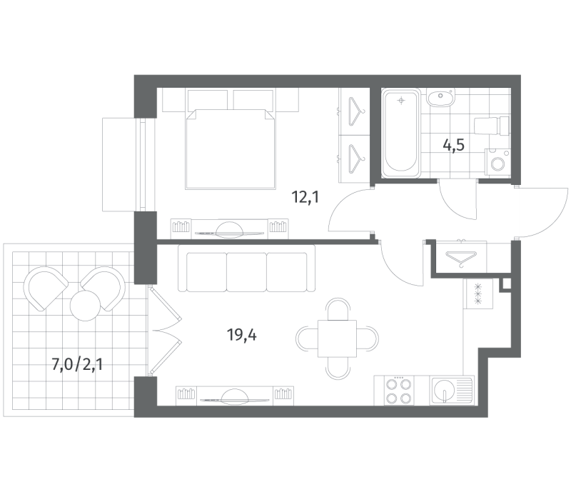 2-комнатная (Евро) квартира, 42 м² в ЖК "Парусная 1" - планировка, фото №1