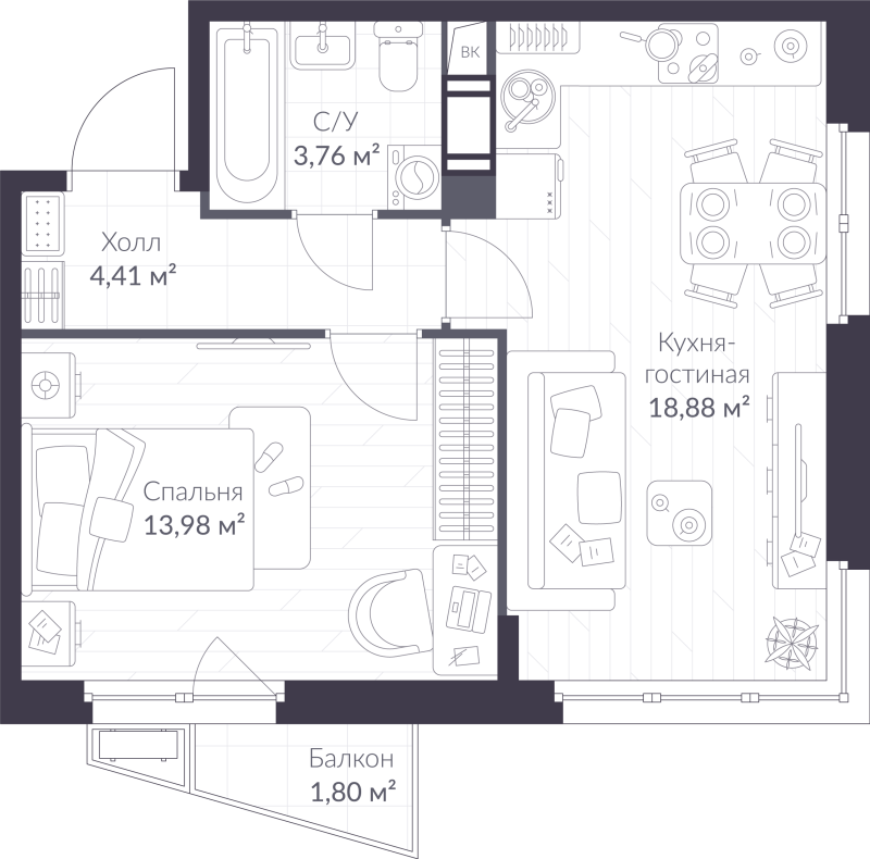 2-комнатная (Евро) квартира, 41.57 м² в ЖК "VEREN NORT сертолово" - планировка, фото №1