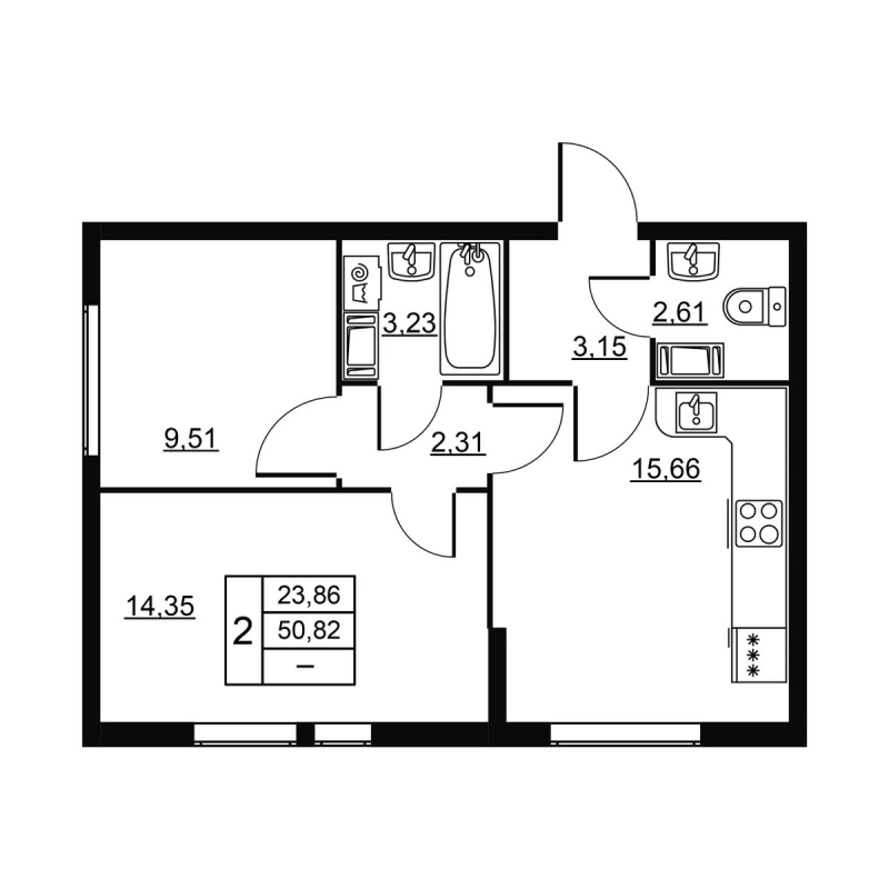 3-комнатная (Евро) квартира, 50.82 м² в ЖК "Высота. Новодевяткино" - планировка, фото №1