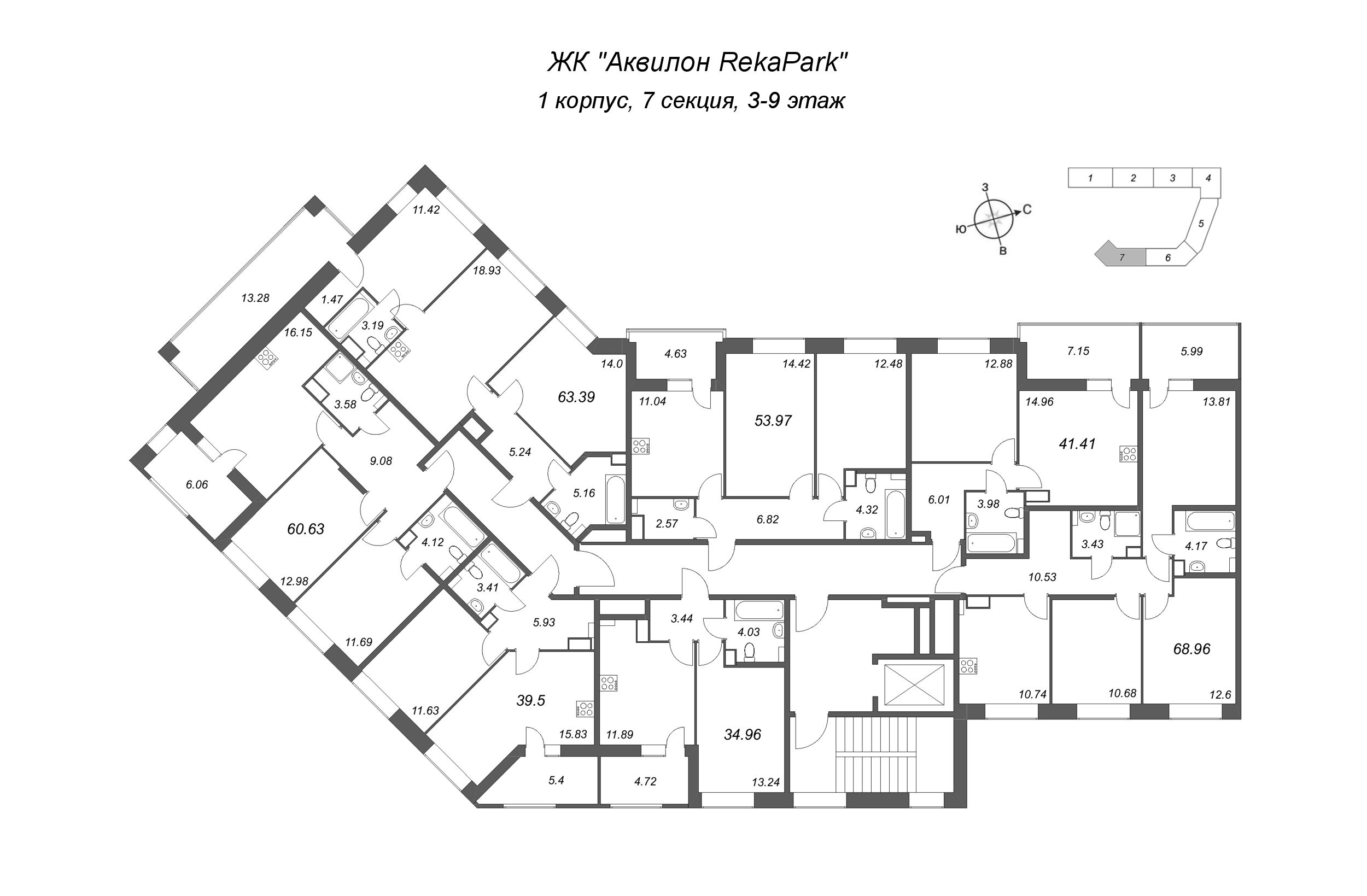 2-комнатная квартира, 53.97 м² в ЖК "Аквилон RekaPark" - планировка этажа