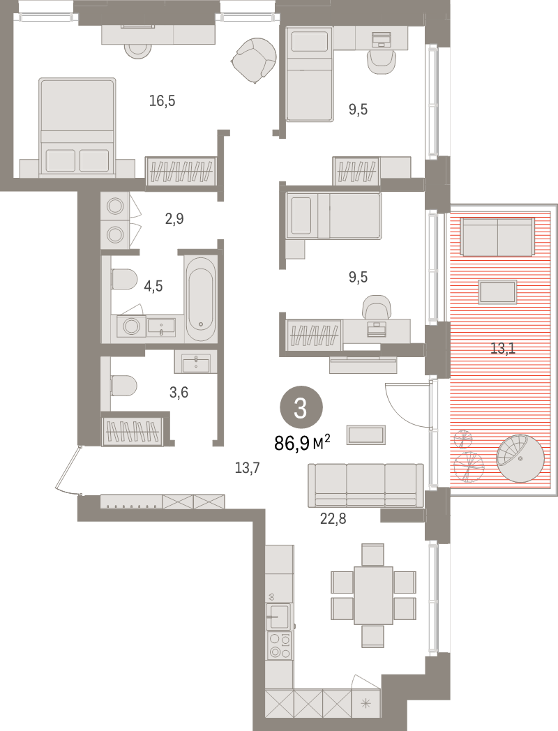 4-комнатная (Евро) квартира, 96.1 м² в ЖК "Брусника в Новоселье" - планировка, фото №1