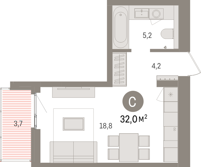 Квартира-студия, 32 м² в ЖК "Брусника в Новоселье" - планировка, фото №1