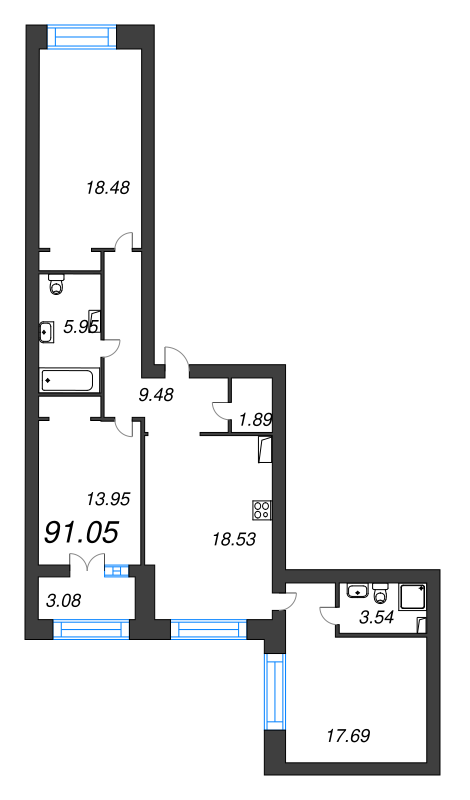 4-комнатная (Евро) квартира, 98.4 м² - планировка, фото №1