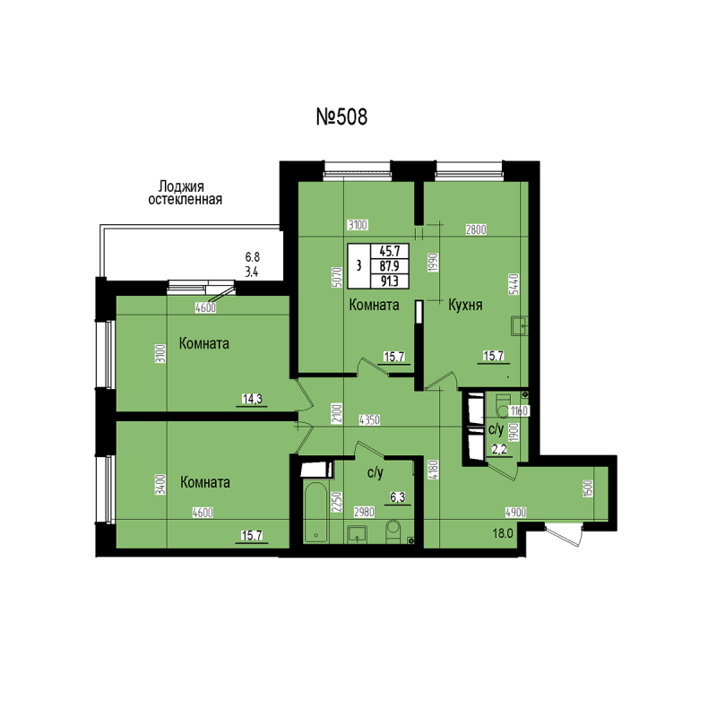 4-комнатная (Евро) квартира, 91.3 м² в ЖК "ПРАГМА СИТИ" - планировка, фото №1