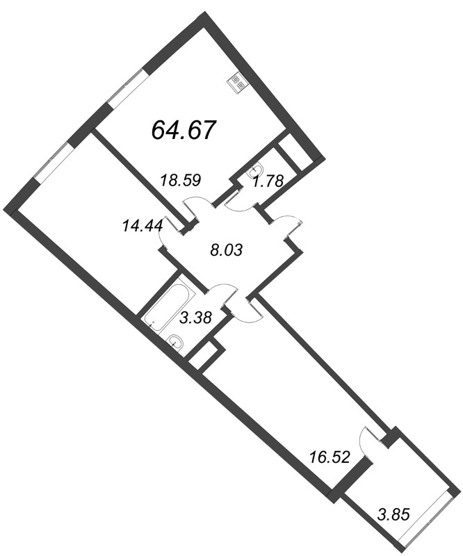 3-комнатная (Евро) квартира, 64.67 м² - планировка, фото №1