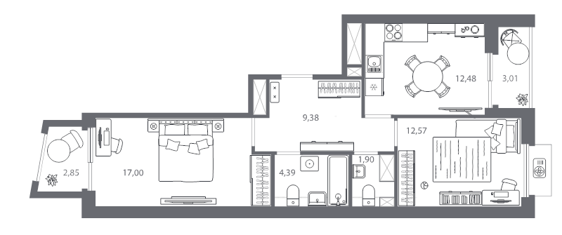 2-комнатная квартира, 60.09 м² - планировка, фото №1