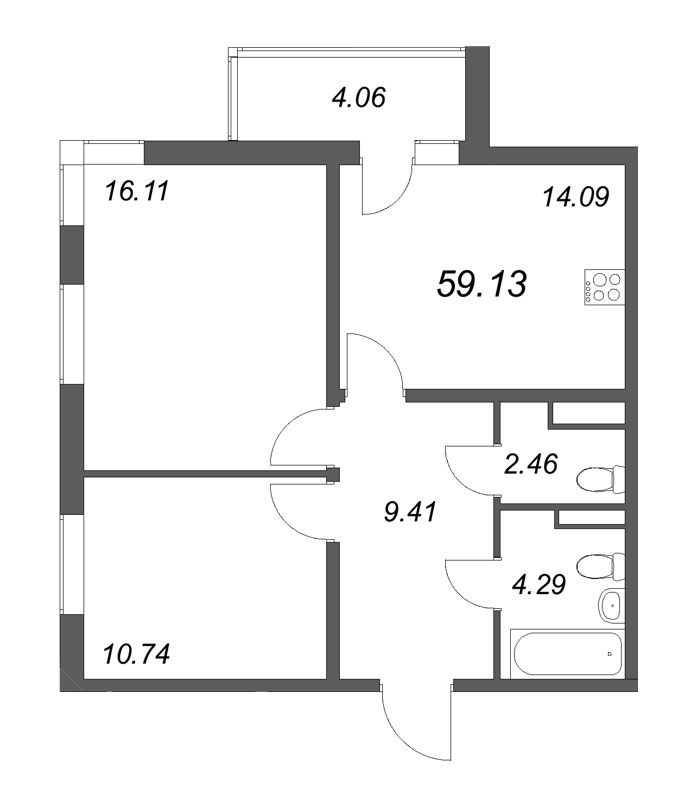 2-комнатная квартира, 59.13 м² в ЖК "Новая история" - планировка, фото №1