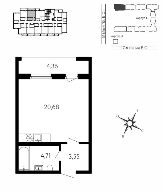 Квартира-студия, 30.25 м² в ЖК "17-я линия" - планировка, фото №1