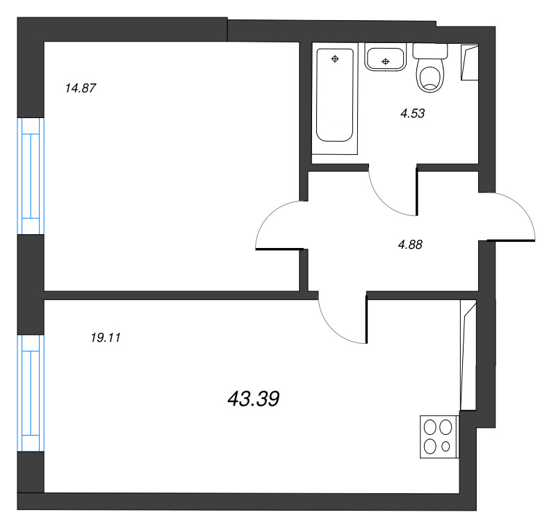 2-комнатная (Евро) квартира, 43.39 м² - планировка, фото №1