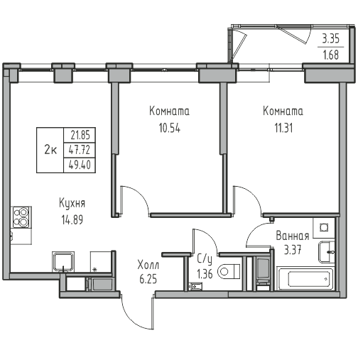 2-комнатная квартира, 49.4 м² в ЖК "Юнтолово" - планировка, фото №1