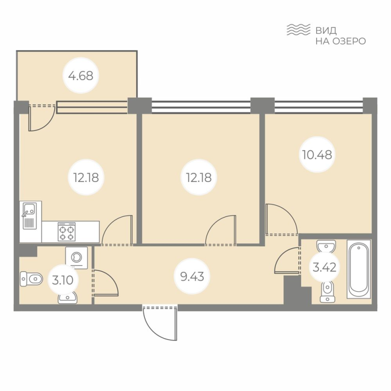 2-комнатная квартира, 52.19 м² - планировка, фото №1