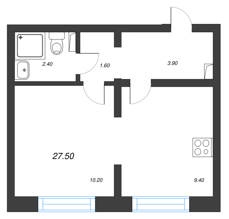 1-комнатная квартира, 27.5 м² - планировка, фото №1