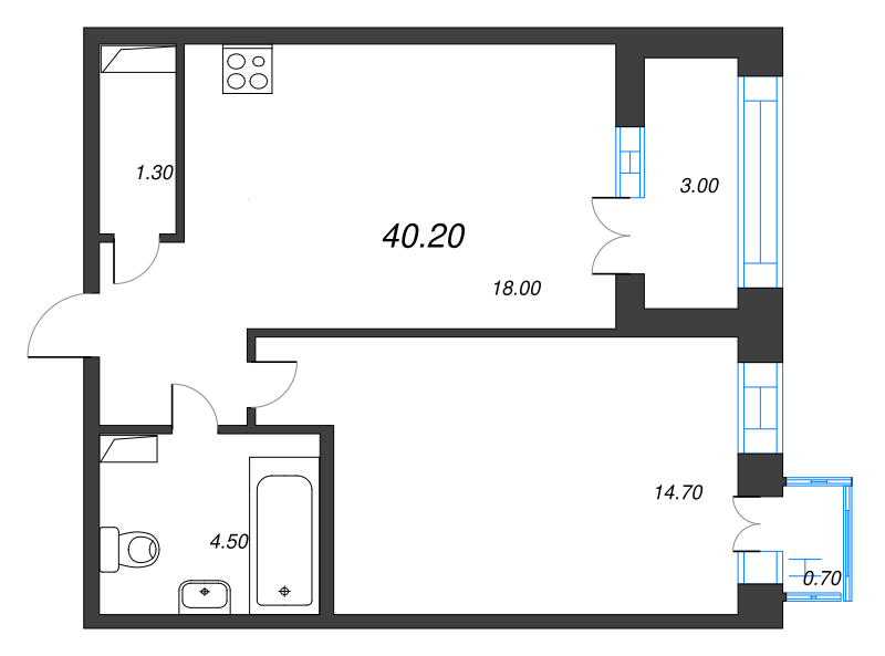 1-комнатная квартира, 40.2 м² в ЖК "NewПитер 2.0" - планировка, фото №1