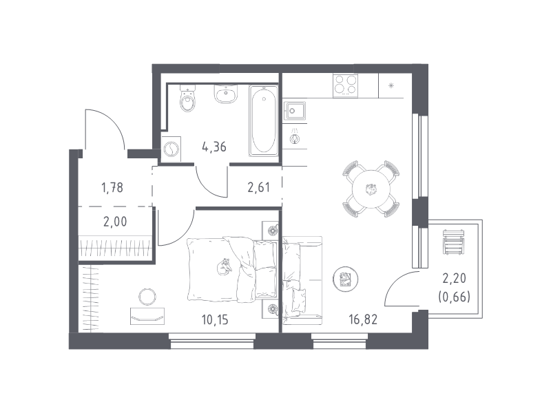2-комнатная (Евро) квартира, 38.38 м² в ЖК "Невская Долина" - планировка, фото №1