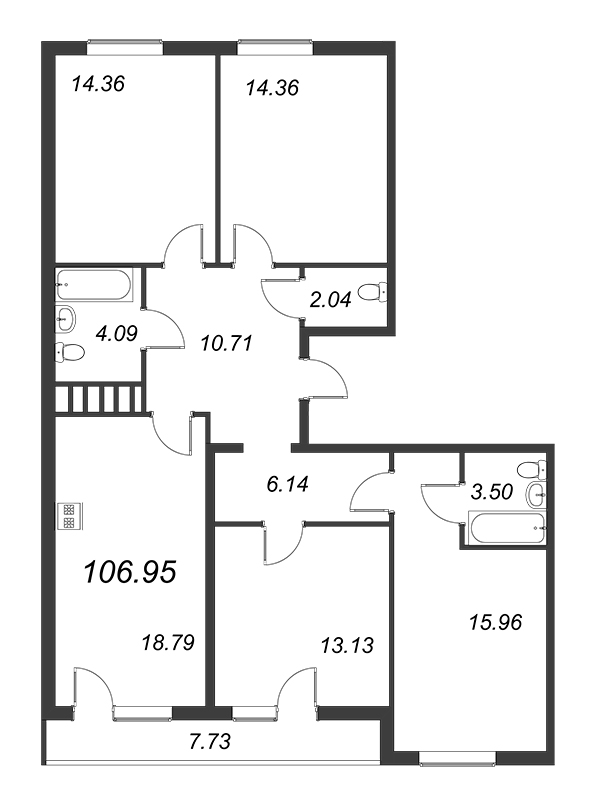 5-комнатная (Евро) квартира, 107.2 м² - планировка, фото №1