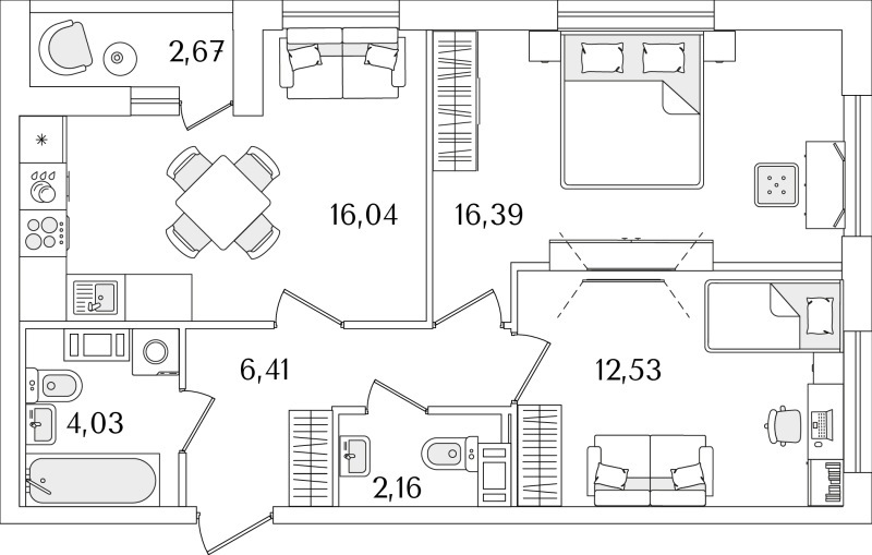 3-комнатная (Евро) квартира, 58.9 м² - планировка, фото №1