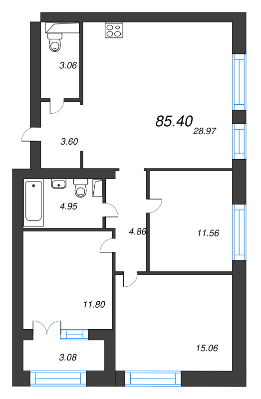 3-комнатная квартира, 85.4 м² в ЖК "Наука" - планировка, фото №1