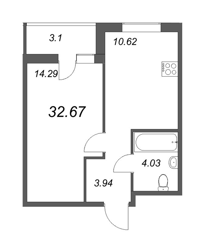 1-комнатная квартира, 32.67 м² в ЖК "Новые горизонты" - планировка, фото №1