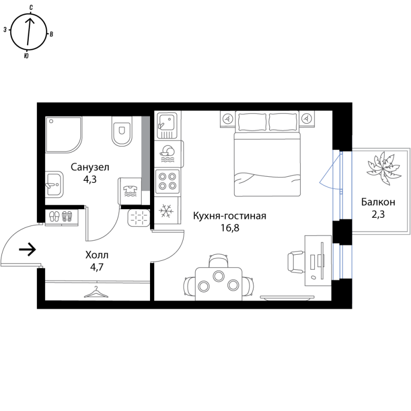 Квартира-студия, 26.5 м² в ЖК "Экография" - планировка, фото №1