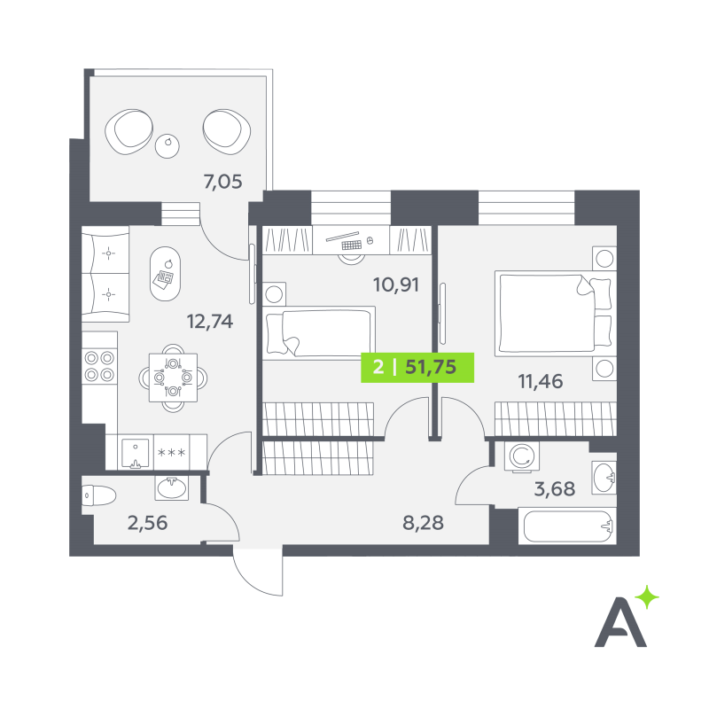 2-комнатная квартира, 51.75 м² в ЖК "Аквилон РекаПарк" - планировка, фото №1