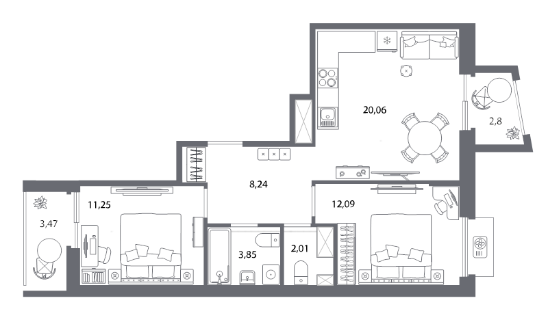 3-комнатная (Евро) квартира, 60.08 м² в ЖК "Respect" - планировка, фото №1