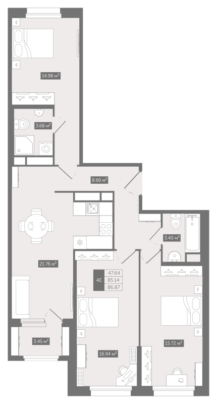 4-комнатная (Евро) квартира, 86.87 м² - планировка, фото №1