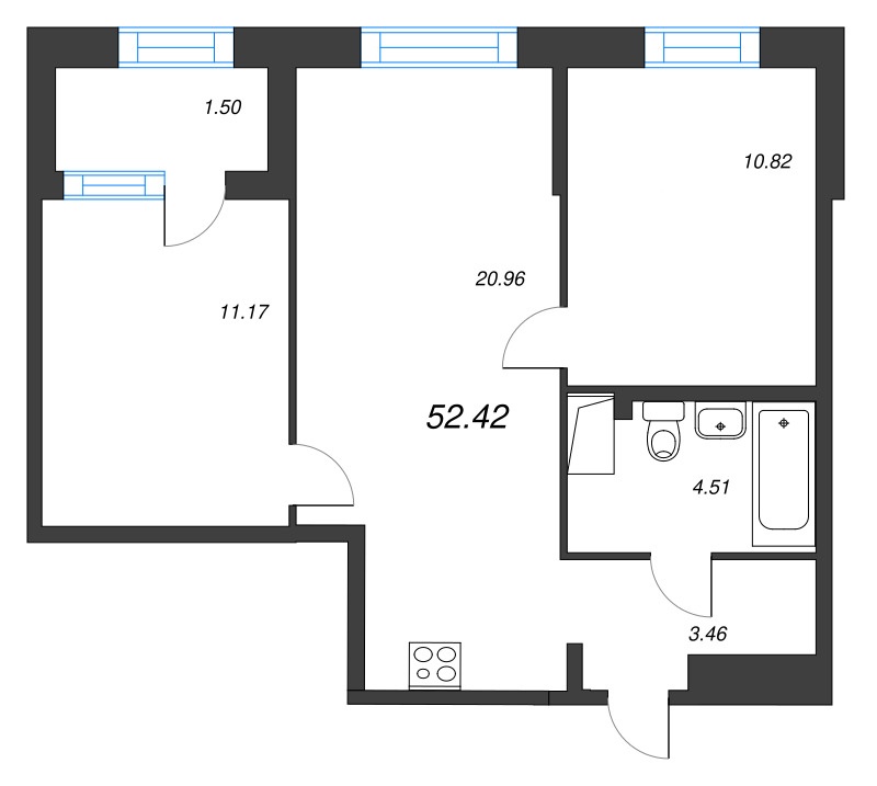 3-комнатная (Евро) квартира, 52.42 м² в ЖК "ORO by Akvilon" - планировка, фото №1