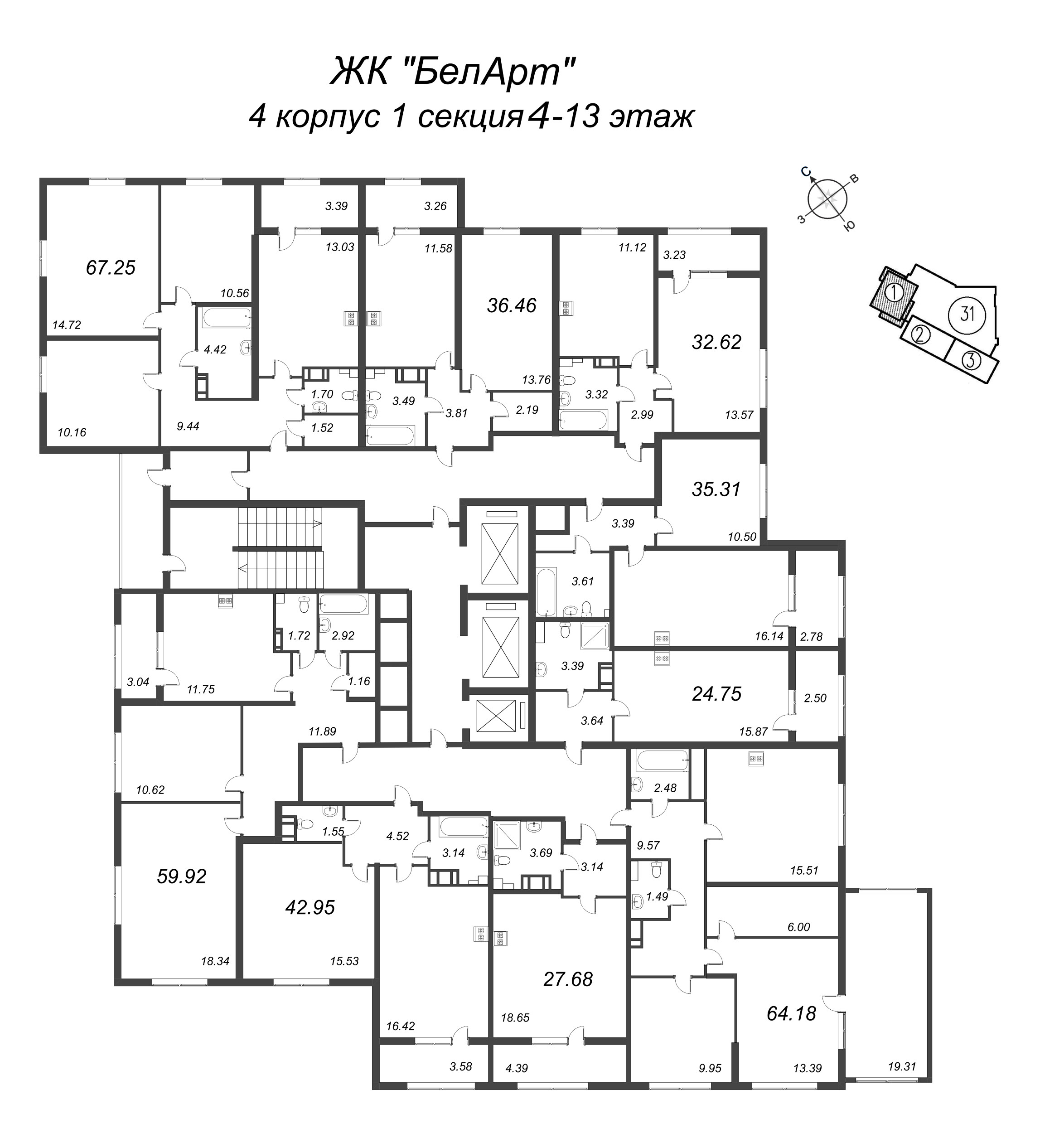 2-комнатная (Евро) квартира, 42.95 м² - планировка этажа