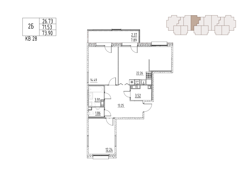 3-комнатная (Евро) квартира, 76 м² в ЖК "Loft у озера" - планировка, фото №1