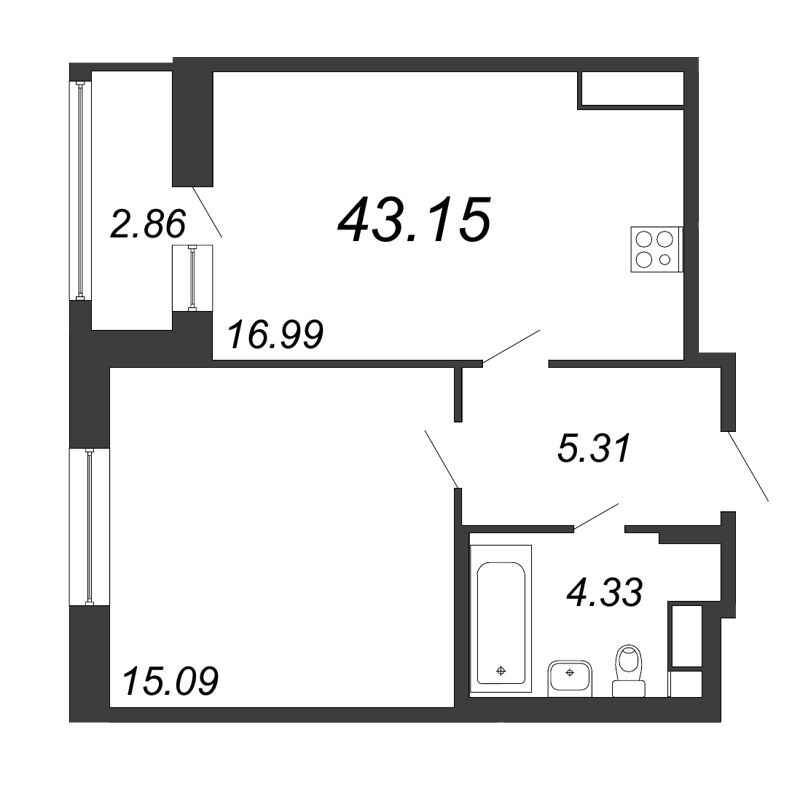 2-комнатная (Евро) квартира, 43.15 м² - планировка, фото №1