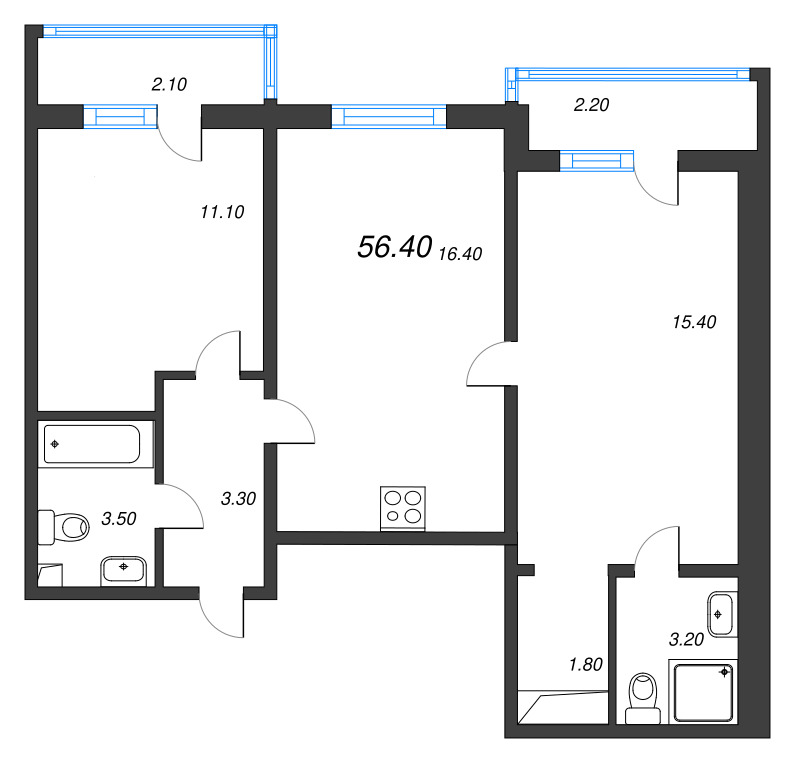 3-комнатная (Евро) квартира, 56.4 м² в ЖК "Дыбенко Парк" - планировка, фото №1