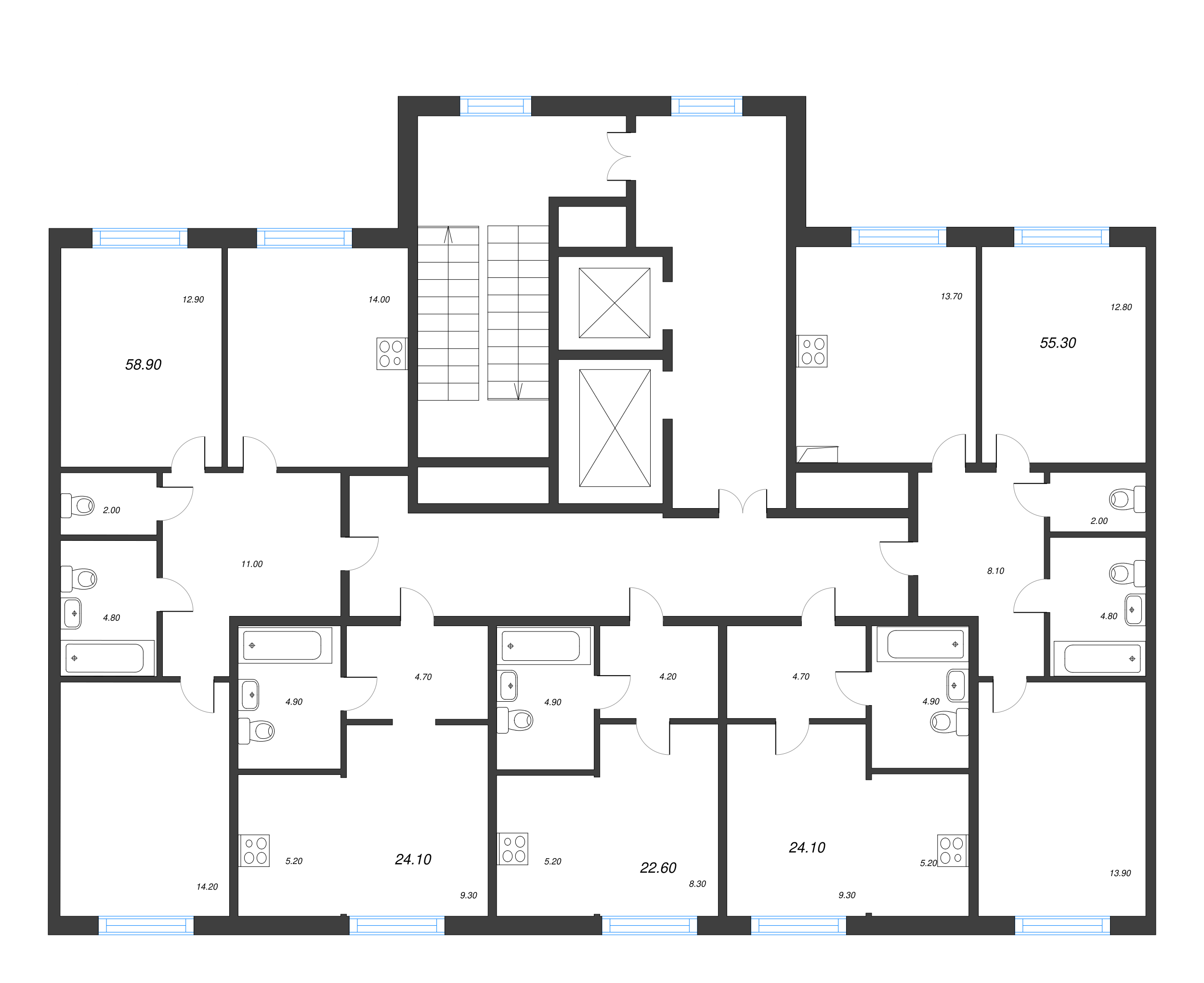 2-комнатная квартира, 55.3 м² - планировка этажа