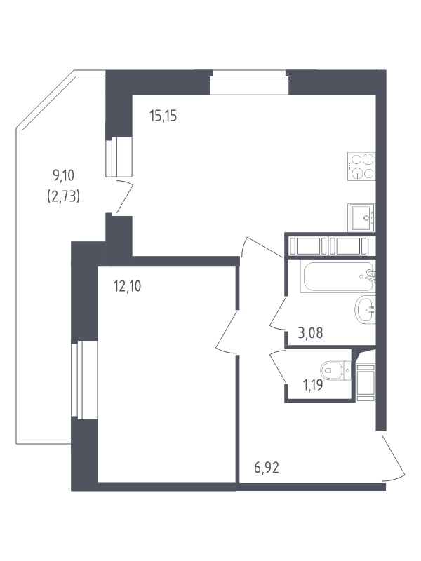 2-комнатная (Евро) квартира, 41.17 м² - планировка, фото №1