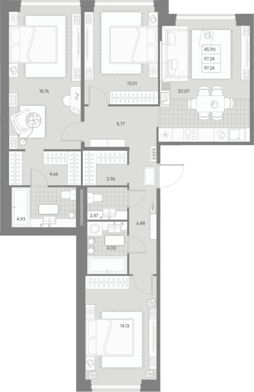 4-комнатная (Евро) квартира, 97.24 м² - планировка, фото №1