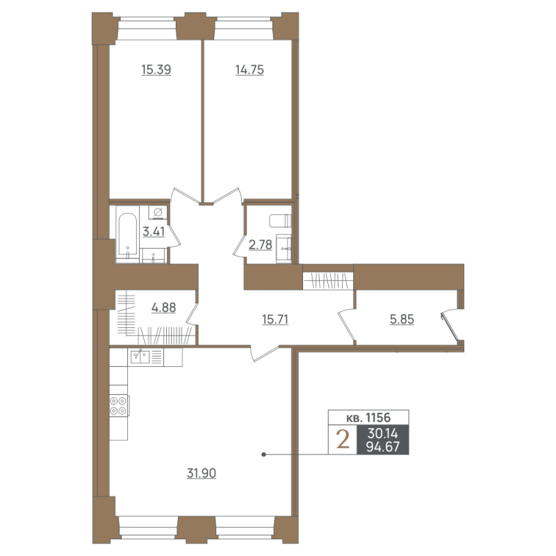 3-комнатная (Евро) квартира, 94.67 м² в ЖК "Landrin Loft Prime estate" - планировка, фото №1