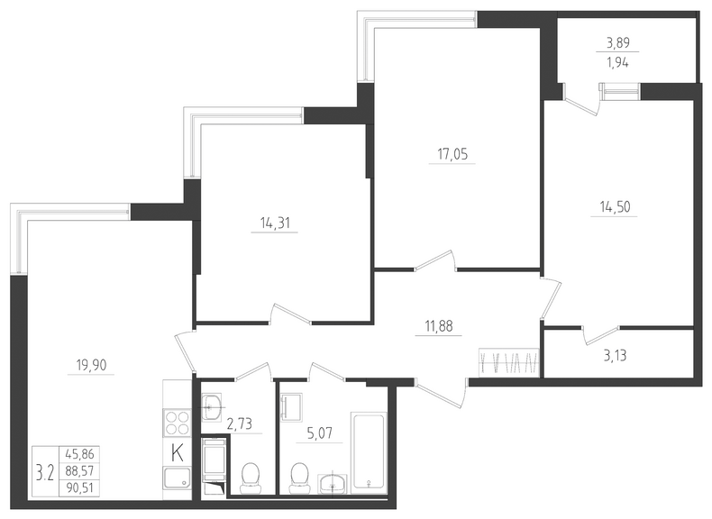 4-комнатная (Евро) квартира, 90.51 м² - планировка, фото №1
