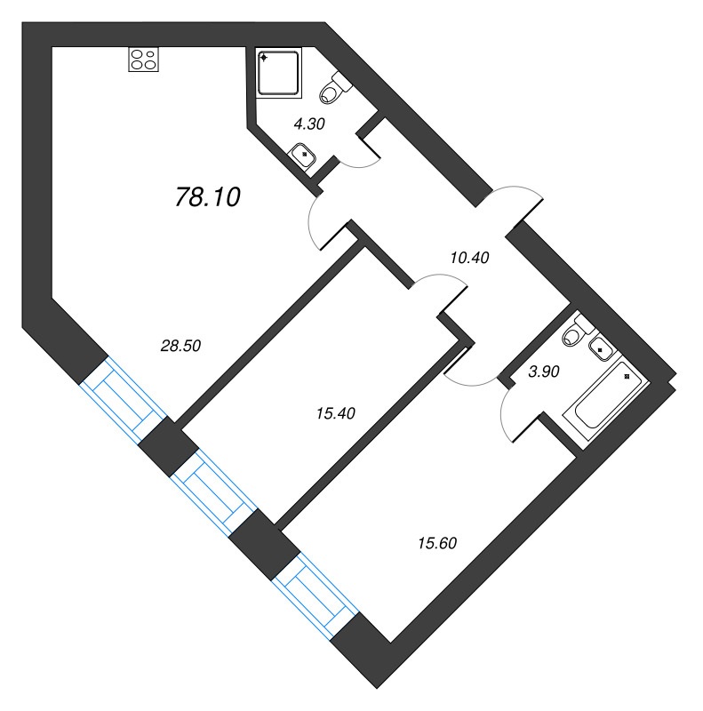 2-комнатная квартира, 78.1 м² в ЖК "Листва" - планировка, фото №1