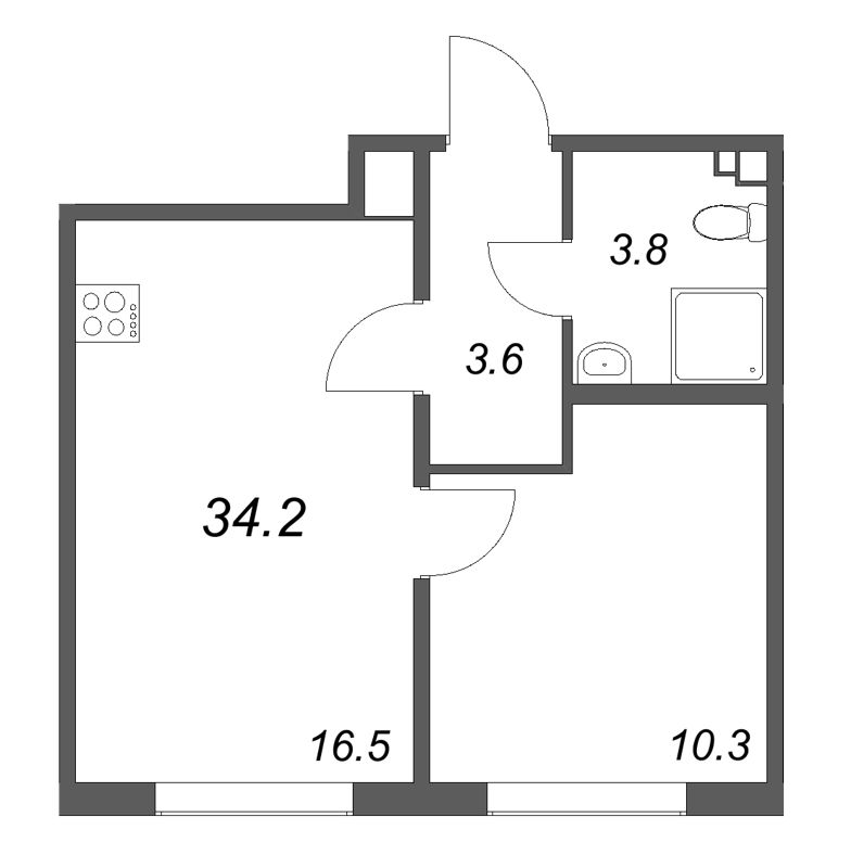 2-комнатная (Евро) квартира, 34.2 м² в ЖК "Пулково Lake" - планировка, фото №1