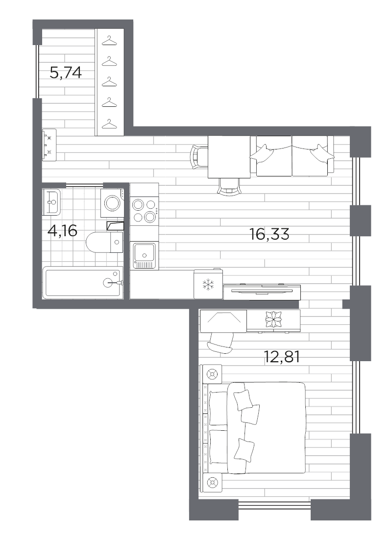 2-комнатная (Евро) квартира, 39.04 м² в ЖК "Сезоны" - планировка, фото №1
