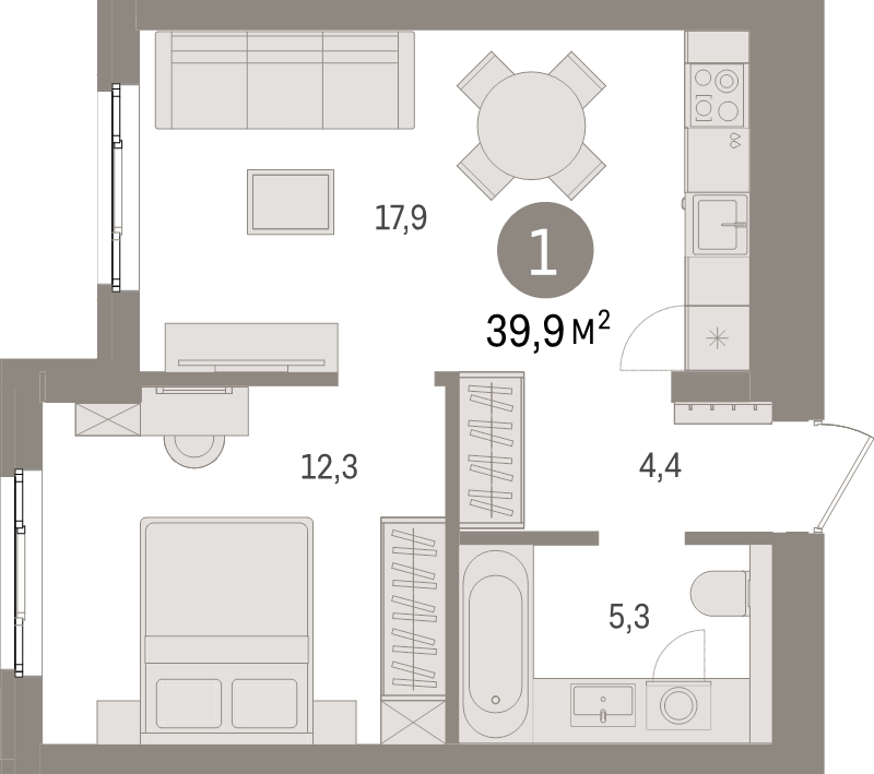 2-комнатная (Евро) квартира, 39.9 м² в ЖК "Брусника в Новоселье" - планировка, фото №1