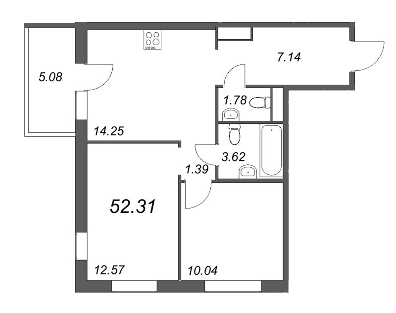 2-комнатная квартира, 52.41 м² - планировка, фото №1