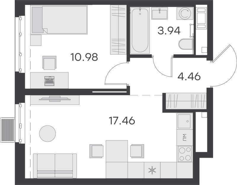 2-комнатная (Евро) квартира, 36.84 м² - планировка, фото №1