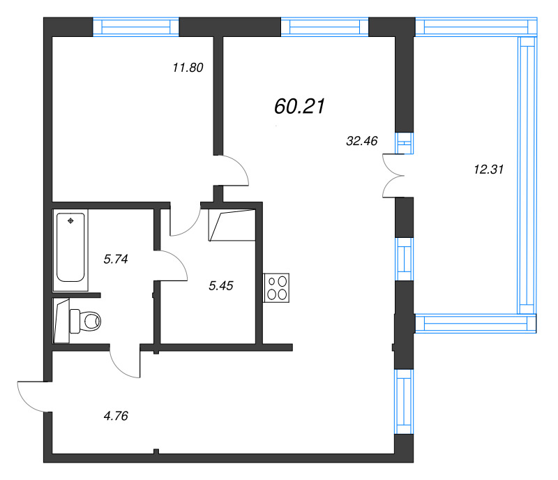 2-комнатная (Евро) квартира, 60.6 м² - планировка, фото №1
