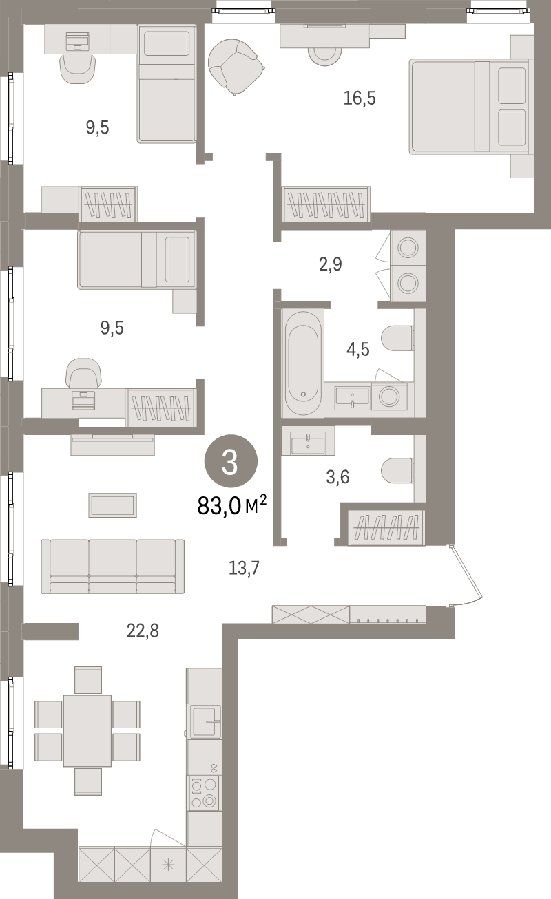3-комнатная квартира, 83 м² в ЖК "Брусника в Новоселье" - планировка, фото №1