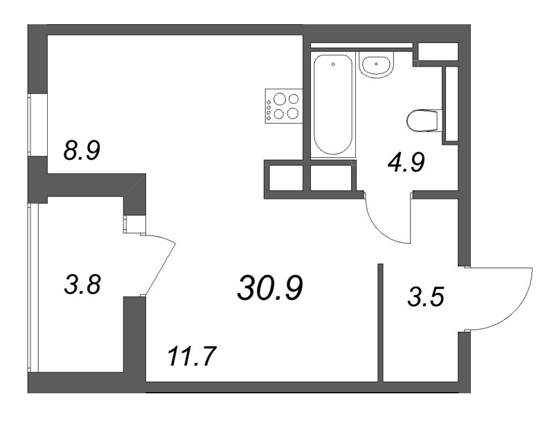 Квартира-студия, 30.9 м² - планировка, фото №1