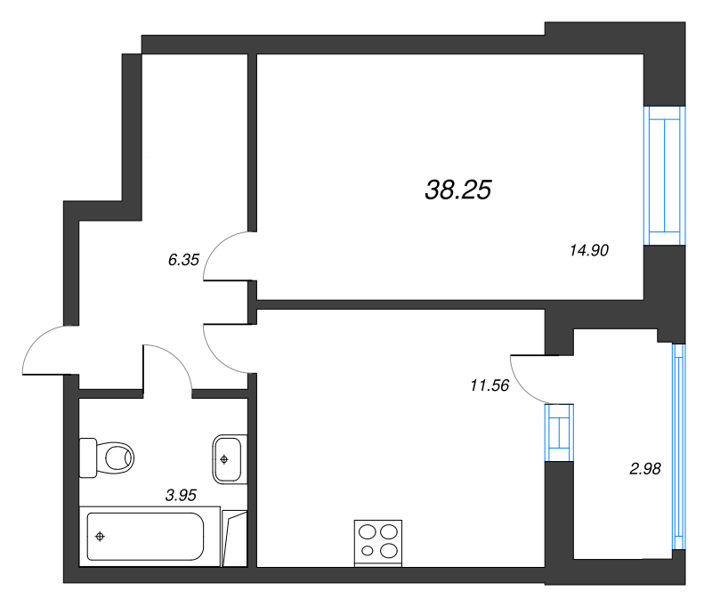 1-комнатная квартира, 38.25 м² - планировка, фото №1