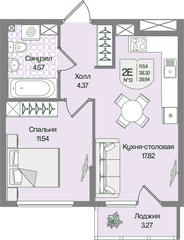 2-комнатная (Евро) квартира, 39.93 м² в ЖК "Охтинские высоты" - планировка, фото №1